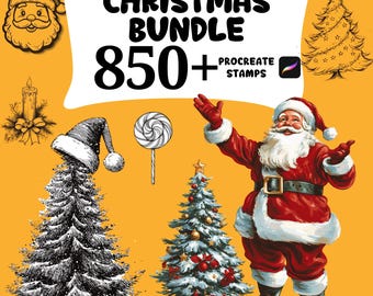 May include: A digital art bundle with Christmas-themed illustrations. The image features Santa Claus, Christmas trees, a candy cane, and the text "CHRISTMAS BUNDLE 850+ PROCREATE STAMPS" on a yellow background.