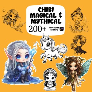 200+ Chibi Magiska & Mytiska Procreate Stämplar, Fantasifigur, Magiska Varelser, Mytiska Djur, Anime Brush Mega Pack, Anime, Kawaii