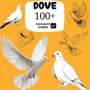 May include: A collection of dove illustrations in flight and at rest, in black and white and golden tones, on a yellow backdrop. The text "DOVE 100+ PROCREATE STAMPS" is displayed at the top of the image.