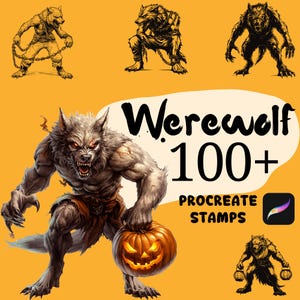 Könnte beinhalten: Digitales Kunstwerk mit einem Werwolf, der einen geschnitzten Kürbis hält, mit dem Text "Werewolf 100+ Procreate Stamps". Das Bild hat einen gelben Hintergrund und enthält mehrere Werwolf-Illustrationen.