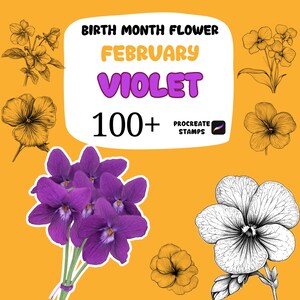 May include: An orange background features illustrations of flowers and text. The text reads "Birth Month Flower February Violet 100+ Procreate Stamps". A bouquet of purple violets is in the lower left corner. Other flowers are in black and white.