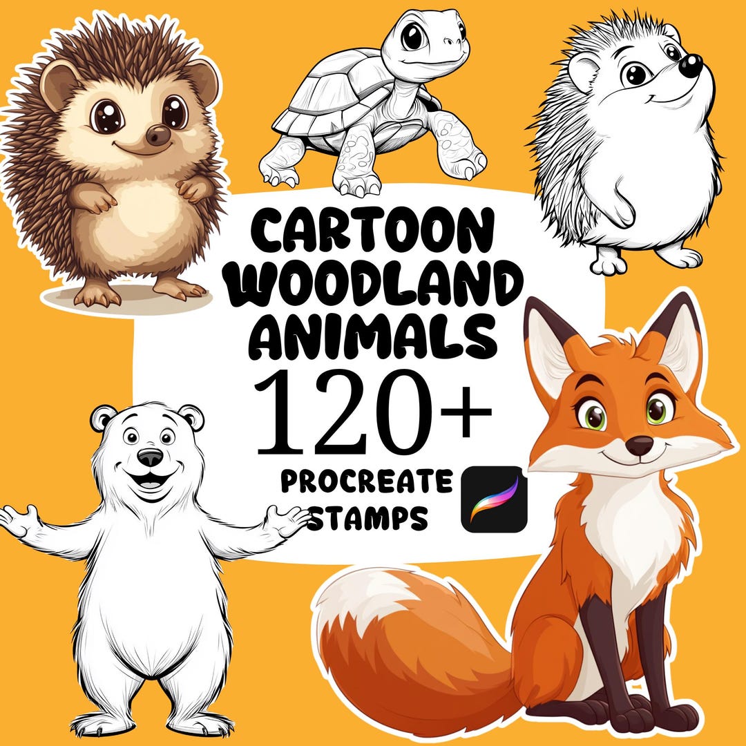 Procreate Cartoon Woodland Animals Brushes, 120+ Cartoon Animals ...