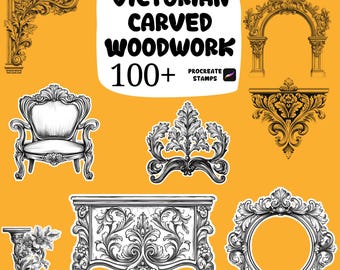 May include: Digital stamps featuring Victorian carved woodwork designs. Includes a variety of ornate elements such as an armchair, arch, frame, and decorative corner pieces. The text on the image reads "Victorian Carved Woodwork 100+ Procreate Stamps."