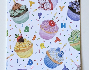 Happy Birthday Cupcakes, Birthday cards, Watercolor Birthday card, Watercolor Happy Birthday card set