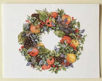 Holiday wreath card set, Holiday Watercolor greeting cards, Christmas wreath card set, Della Robbia wreath notecards, holiday gift