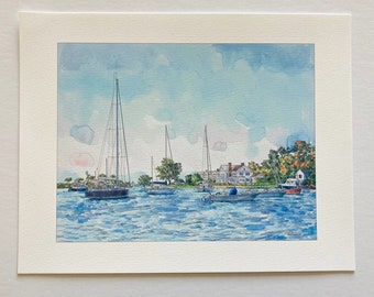 Sailboats print, Watercolor sailboats print, Marina illustration, Southport Harbor print, Boat painting print, Nautical wall art, Gift idea