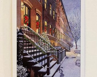 May include: A watercolor painting of a row of brownstone houses with snow-covered steps and a Christmas tree in front of the first house. The houses are decorated with wreaths and lights. The painting is signed "ACS '23".