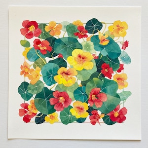 Nasturtiums print, Watercolor nasturtiums print, Floral wall art, Flower art print, Botanical painting print, Mother&#39;s Day Gift, Holiday