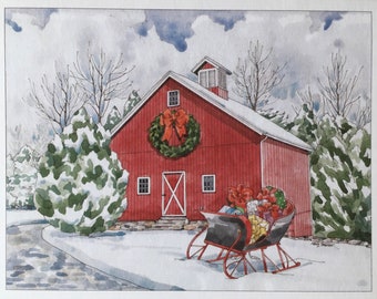 Holiday barn note cards, Christmas cards, Holiday gift, Red barn, Christmas stationery, Christmas gift