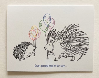 Happy Birthday Hedgehog and Porcupine, Birthday cards, line drawing birthday card, Cute Animal Happy Birthday set