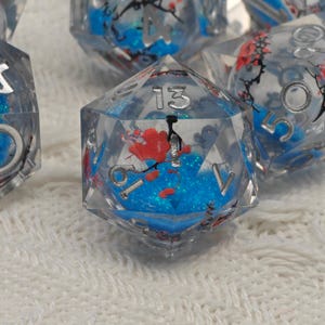 Blossom Drift Liquid Core Dice Set, DND Sharp Edge Resin Dice, Blue Sakura RPG Dice for Dungeons and Dragons