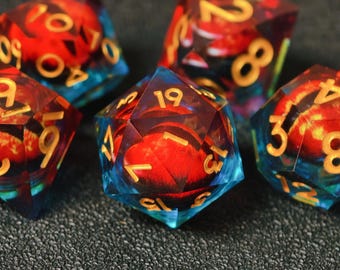 Red Blue Dragon Eye Dice, Handmade Sharp Edge Resin Dice for DnD, RPG, Tabletop Games, DND Player Gift, Liquid Core Dice Set, Polygon Dice