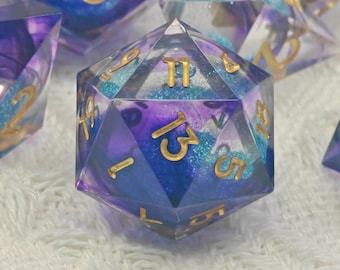 Celestial Veil Liquid Core Dice Set, DND Sharp Edge Resin Dice, Purple Blue Magic Dice for Dungeons and Dragons