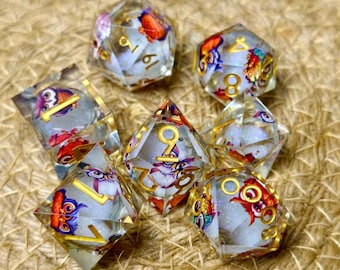 White Owl Liquid Core DND Dice Set, Sharp Edge Resin Dice, 7 Piece Polyhedral RPG Dice, Dungeons and Dragons Gift