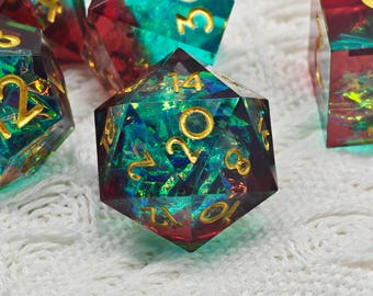 Handmade Aurora Ember Dice Set | Green-Red Galaxy Sharp Edge DnD Dice | Handcrafted Resin Dice with Gold Ink for Dungeons & Dragons RPG