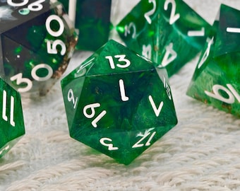 Verdant Stone Dice Set | Deep Emerald Green Sharp Edge DnD Dice | Handcrafted Opaque Resin Polyhedral Dice with White Numbers for DDRPG