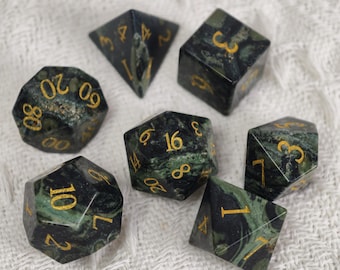 Natural Green Gemstone DND Dice Set, Forest Green RPG Dice with Gold Numbers, Polyhedral Dice for Dungeons & Dragons, Pathfinder, TTRPG Gift