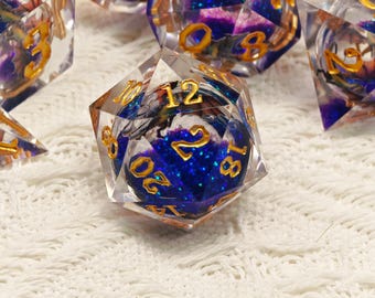 Amethyst Storm Dragon Liquid Core Dice Set | Purple-Blue Shimmer Resin DnD Dice | Handcrafted Dragon Dice Set