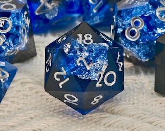 Frostbound Shard Dice Set | Blue-Silver Sharp Edge DnD Dice | Handcrafted Resin Polyhedral Dice with Silver Ink for Dungeons & Dragons RPG