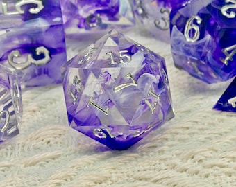 Amethyst Mist Dice Set | Purple Cloud Sharp Edge DnD Dice | Handcrafted Swirled Resin Dice with Silver Numbers for Dungeons & Dragons RPG