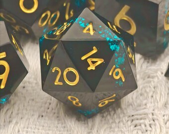 Black Teal Foil Dice Set, Sharp Edge Resin Polyhedral DND Dice Full Set for Dungeons and Dragons, RPG, Pathfinder, Tabletop Games