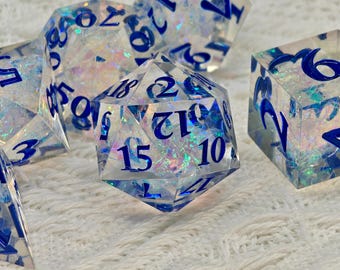Celestial Opal Dice Set | Iridescent Clear Sharp Edge DnD Dice | Handcrafted Resin Polyhedral Dice with Blue Numbers for Dungeons & Dragons