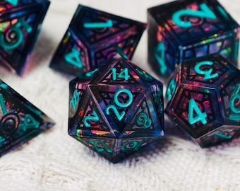 Cathedral Window DND Dice Set, Purple Blue Sharp Edge Resin Dice, 7 Piece Polyhedral RPG Dice, Fantasy Gamer Gift