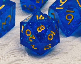 Oceanlight Tide Dice Set | Bright Blue Sharp Edge DnD Dice | Handcrafted Transparent Resin Dice with Gold Numbers for Dungeons & Dragons RPG