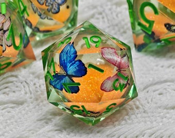 Flutterlight Butterfly Liquid Core Dice Set | Green-Orange Shimmer Resin DnD Dice | Handcrafted Butterfly Dice Set