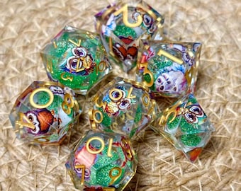 Blue Owl Liquid Core DND Dice Set, Sharp Edge Resin Dice, 7 Piece Polyhedral RPG Dice, Dungeons and Dragons Gift