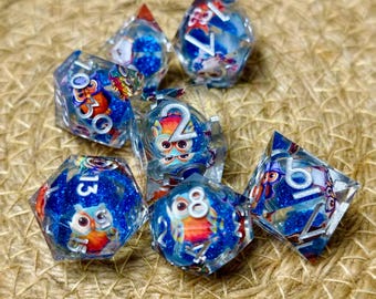 Blue Owl Liquid Core DND Dice Set, Sharp Edge Resin Dice, 7 Piece Polyhedral RPG Dice, Dungeons and Dragons Gift