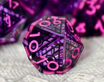 Cathedral Window DND Dice Set, Purple Pink Sharp Edge Resin Dice, 7 Piece Polyhedral RPG Dice, Fantasy Gamer Gift