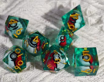Emerald Magic Pet Core Dice Set | Floating Sphere Sharp Edge Resin Dice | Transparent Green RPG Dice | Fantasy Gamer Collectible