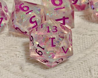 Pink Stardust Dice Set | Iridescent Clear Resin DnD Dice | Handcrafted Sharp Edge Dice with Magenta Numbers for Dungeons & Dragons RPG