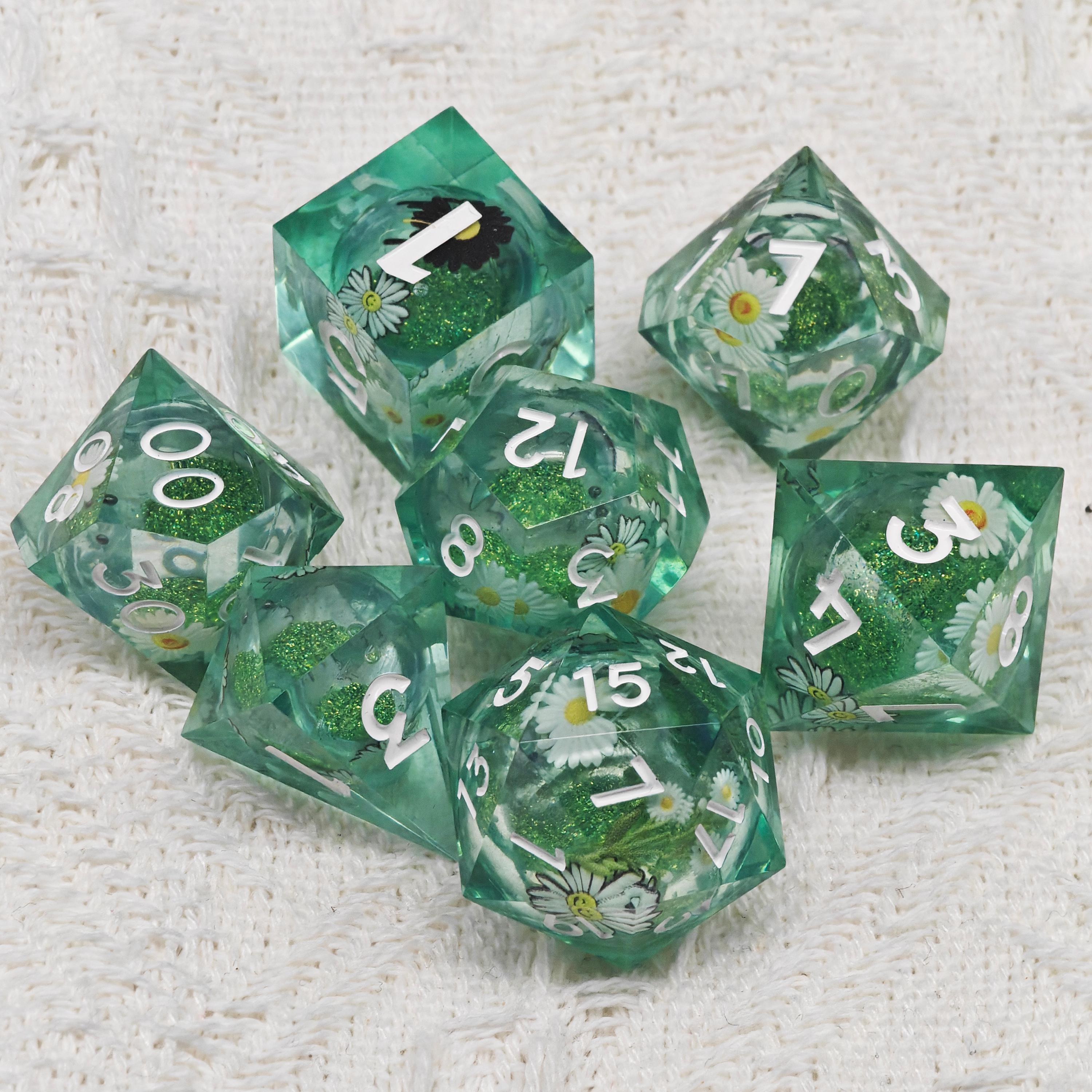 Flowers Liquid Core Dice, Green DND Dice Set, Sharp Edge D&D Dice Full Set, Dungeons and Dragons Polyhedral RPG DND Dice D6, D20