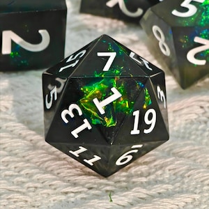 Obsidian Aurora Dice Set | Black Iridescent Sharp Edge DnD Dice | Handcrafted Resin Polyhedral Dice with Green-Blue Shimmer & White Numbers