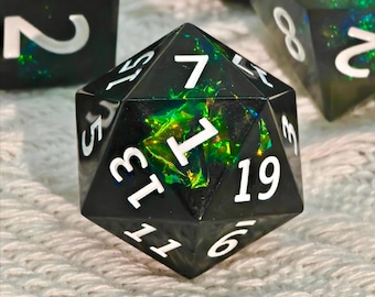 Obsidian Aurora Dice Set | Black Iridescent Sharp Edge DnD Dice | Handcrafted Resin Polyhedral Dice with Green-Blue Shimmer & White Numbers