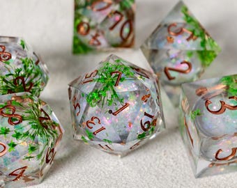 Enchanted Forest Liquid Core Dice Set, Handmade Sharp Edge Resin Dice for DnD, Botanical Flower Dice, RPG Tabletop Game, Dungeons and Dragon