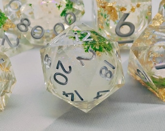 Enchanted Grove Liquid Core DnD Dice Set – Handcrafted Resin Dice with Real Green Foliage and Gold Leaf, RPG Set for Dungeons & Dragons