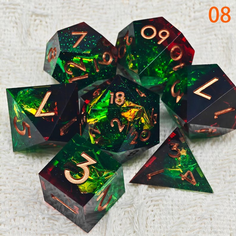 Handgjorda grönsvarta hartstärningar, tärningar med skarp kant, RPG polyedriska, harts-DND-tärningar, Dungeons and Dragons, DND-presenter, födelsedagspresent 08