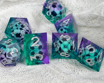 Football Liquid Core Dice Set, Soccer Ball DnD Dice, Sharp Edge RPG Dice, Polyhedral Dice Set, Fantasy Football Dice, Tabletop Gaming Gift