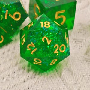Enchanted Grove Emerald Green Holographic Foil Dice Set, Sharp Edge Resin Polyhedral DND Dice, Forest Themed Dice