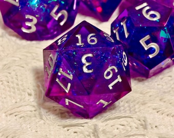 Arcane Prism Dice Set | Purple-Blue Sharp Edge DnD Dice | Handcrafted Resin Polyhedral Dice with Silver Numbers for Dungeons & Dragons RPG