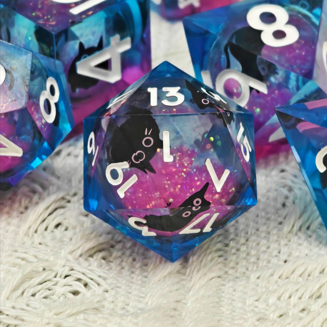 Galaxy Cat Liquid Core Dice Set – Blue & Pink Sparkling Swirl Resin Dice, Sharp Edge Polyhedral DND Dice Set for RPG, TTRPG Collectors