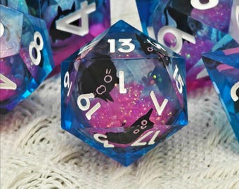 Galaxy Cat Liquid Core Dice Set – Blue & Pink Sparkling Swirl Resin Dice, Sharp Edge Polyhedral DND Dice Set for RPG, TTRPG Collectors