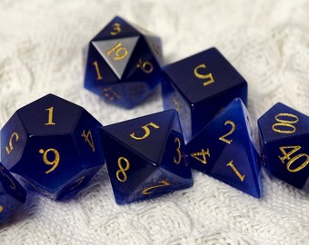 Blue Cat Eye Gemstone Dice Set – Polyhedral DnD Dice Set – Crystal RPG Dice for Dungeons and Dragons – Tabletop Gaming Gift