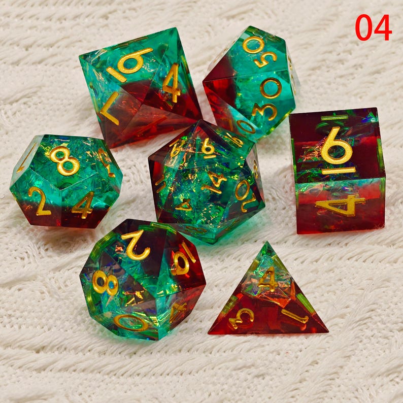 Handgjorda grönsvarta hartstärningar, tärningar med skarp kant, RPG polyedriska, harts-DND-tärningar, Dungeons and Dragons, DND-presenter, födelsedagspresent 04