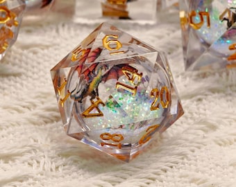 Emberheart Dragon Liquid Core Dice Set | Red-Gold Glitter Resin DnD Dice | Handmade Dice for Fantasy Tabletop Games