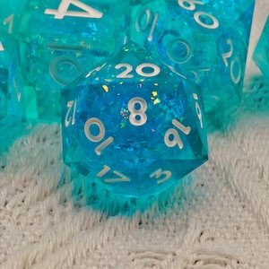 Ocean’s Whisper AquaBlue Holographic Foil Dice Set, Sharp Edge Resin Polyhedral DND Dice Full Set for Dungeons and Dragons