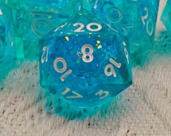 Ocean’s Whisper AquaBlue Holographic Foil Dice Set, Sharp Edge Resin Polyhedral DND Dice Full Set for Dungeons and Dragons
